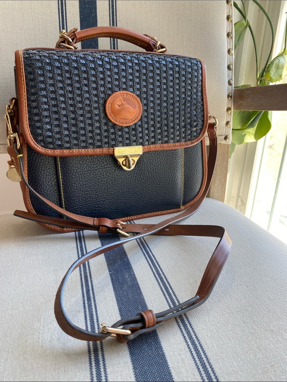 Dooney & Bourke Vintage 80’s Midnight Blue and Brown Woven Leather Satchel